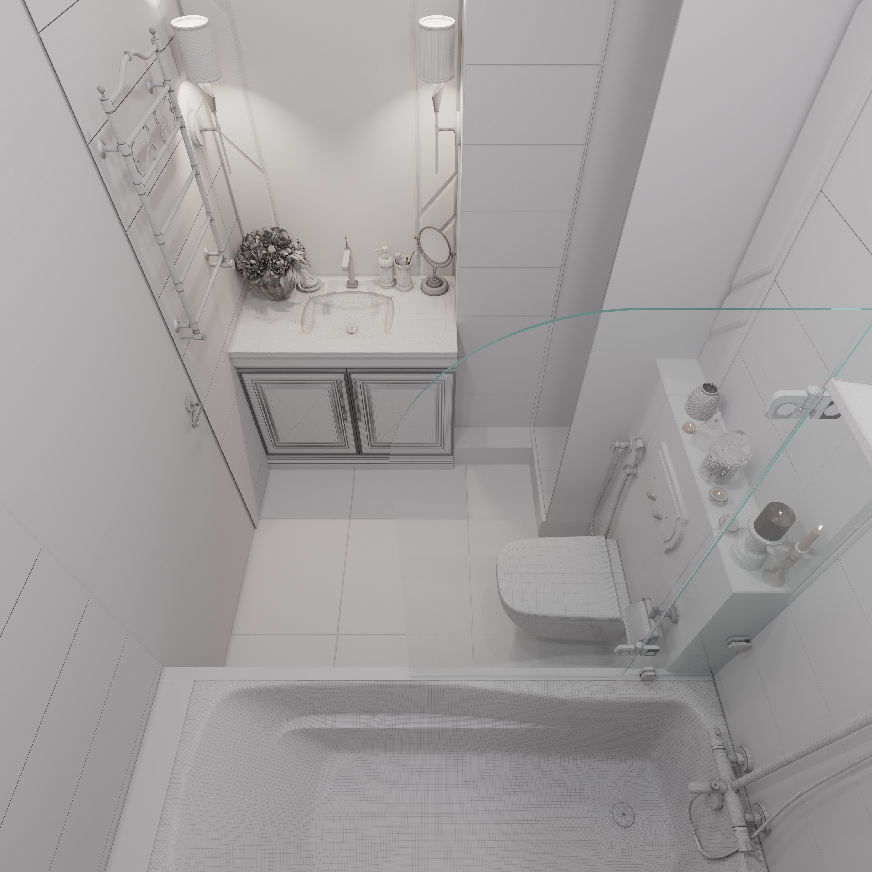 Scene of modern bathroom with bathtube, toilet and sink in gold and